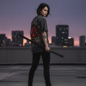 crimson guardian oni mask t shirt | streetwear acid wash demon kanji tee | animebaba exclusive